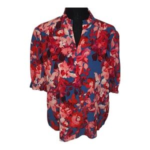 Go By Go Silk Go Raw Revisited Top Floral Ruffle Collar Sz M Short Sleeve